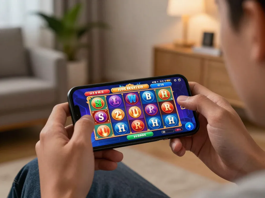 Engaging H5 browser play on a smartphone in a cozy home setting, showcasing online gambling excitement.
