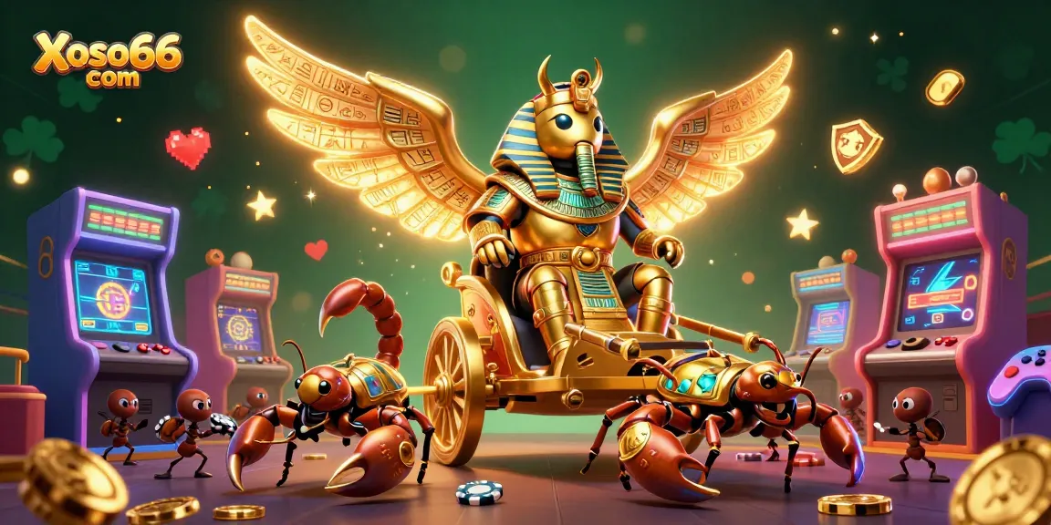 Experience excitement with Xoso66 com showcasing a golden scarab beetle amid vibrant gambling elements.