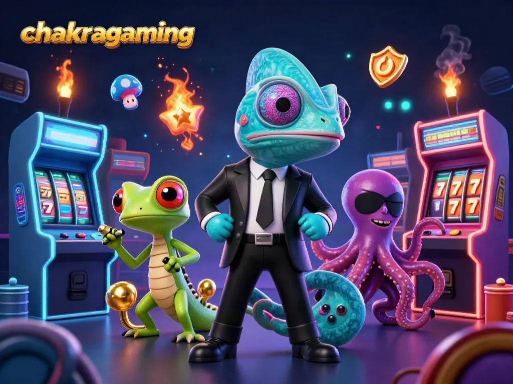 Experience dynamic gaming with chakragaming’s vibrant chameleon secret agent amid colorful casino elements.