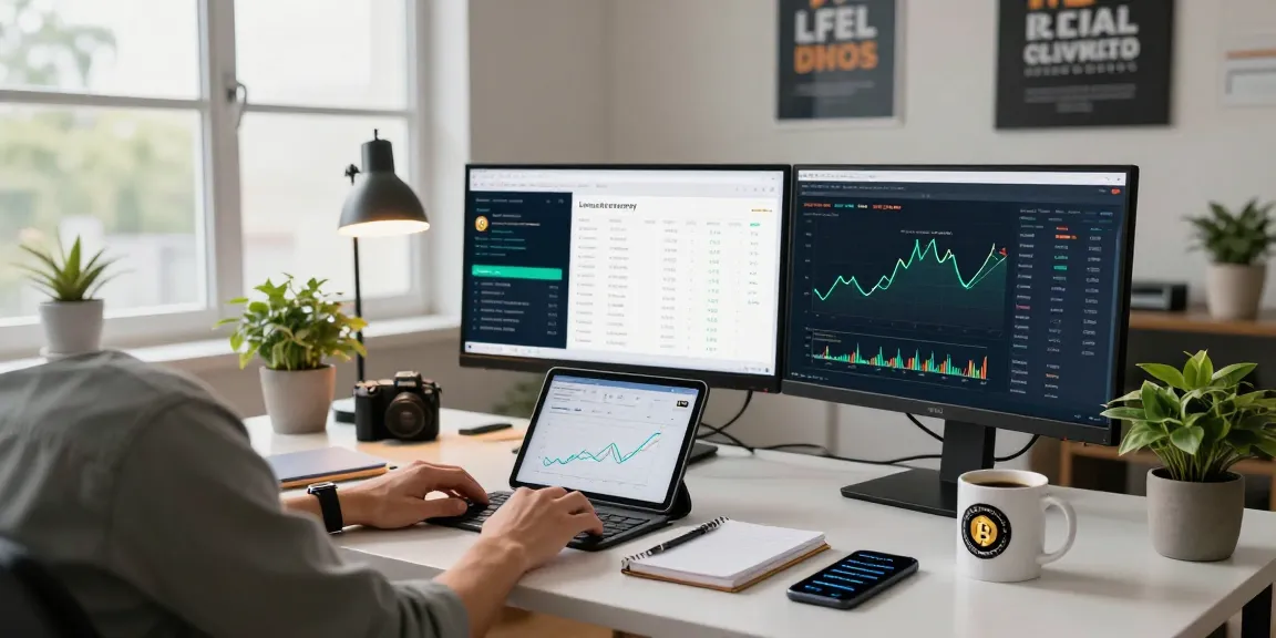 Person strategizing to recover lost crypto in a modern home office setting, analyzing trends and market alerts.