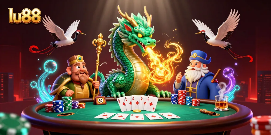 lu88 showcases a vibrant poker scene with a jade dragon and turtle sage amidst gaming elements.