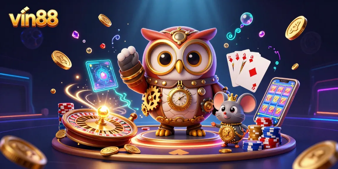 Win big at vin88 with a lively 3D illustration of steampunk elements and casino excitement.