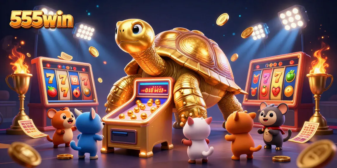 Experience thrilling slots at 555win with captivating golden tortoise and vibrant game elements.