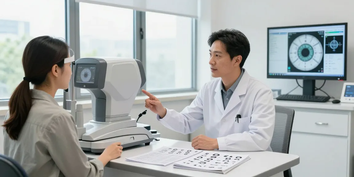 Patient consultation on 렌즈 삽입술 in a modern eye care clinic with advanced technology.