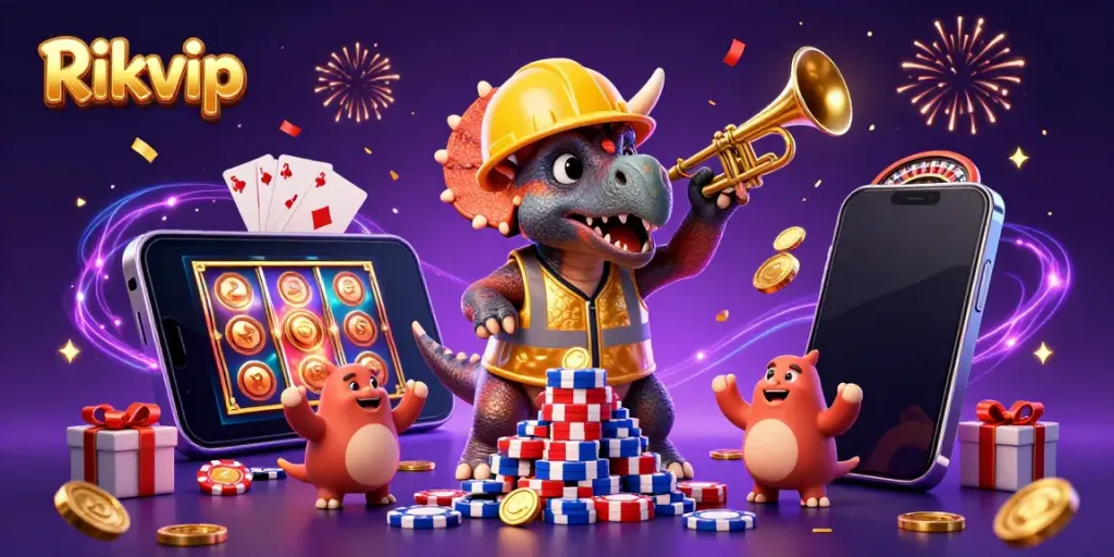 Experience the excitement of Rikvip with lively 3D characters and casino elements celebrating winnings.