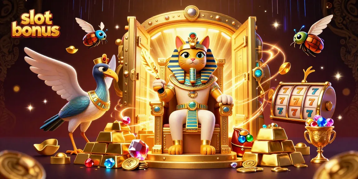 Win big with the slot bonus and golden treasures in this energetic casino illustration.