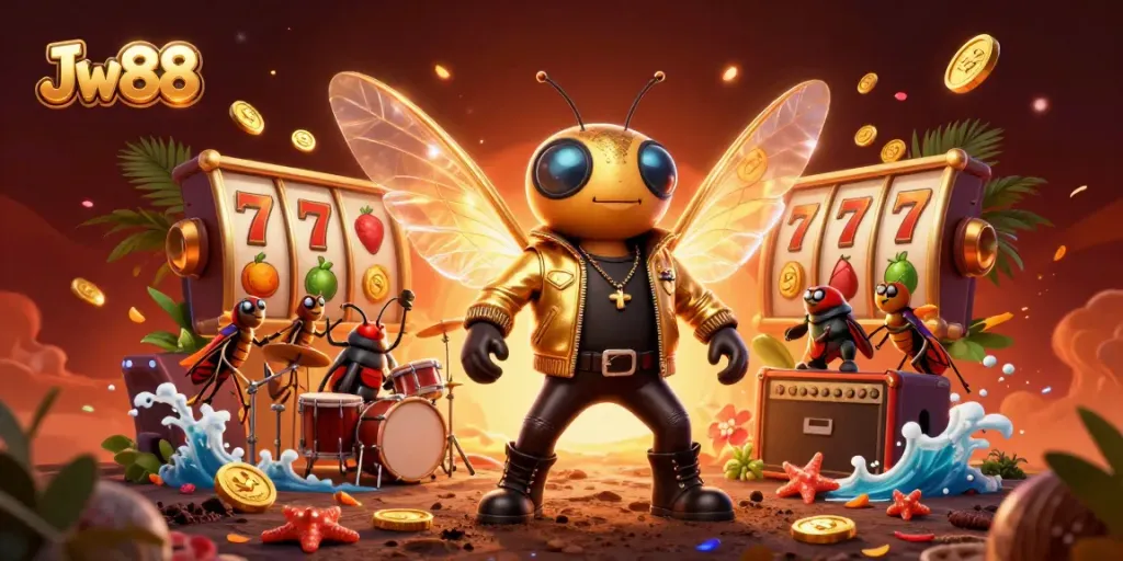 Play exciting slots at Jw88 with vibrant casino illustration showcasing slot reels and lucky symbols.