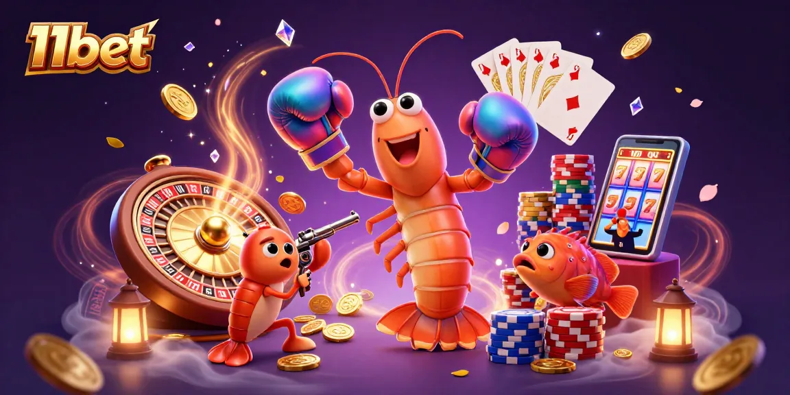 Experience thrilling casino action with 11bet and vibrant shrimp characters in a dynamic scene.