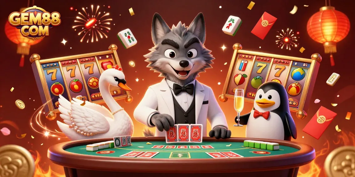 Experience the excitement of GEM88 COM with lively characters at a vibrant casino table.