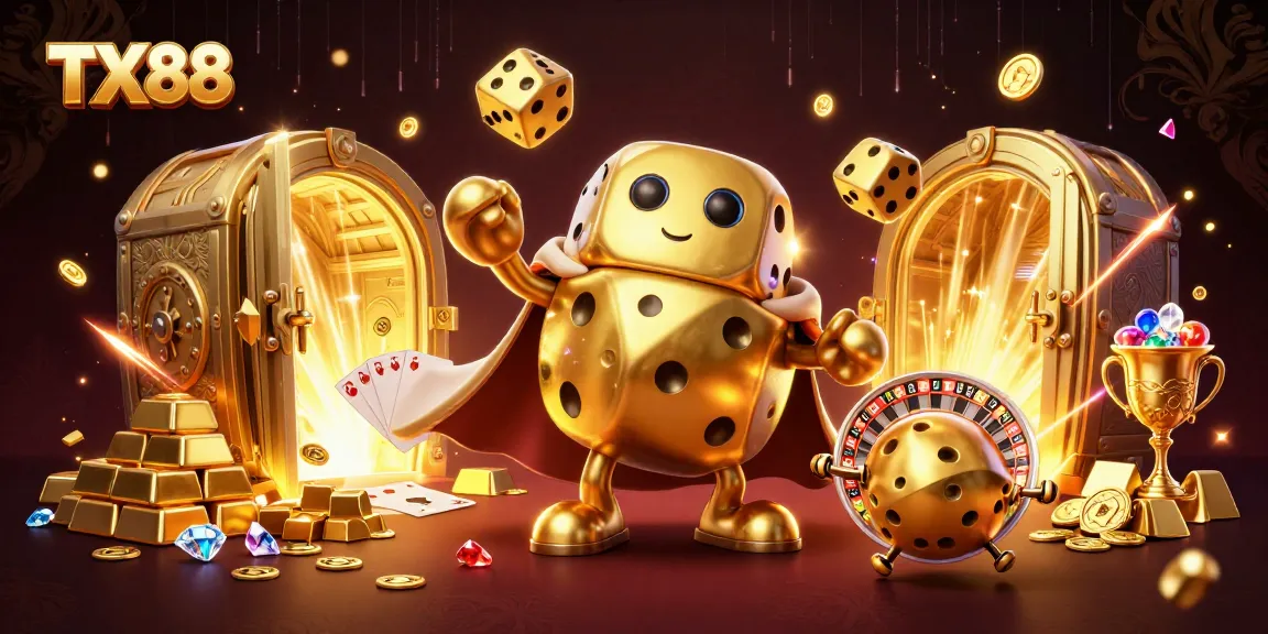 TX88 thrills as a golden dice golem juggles winnings amidst bright casino treasures.