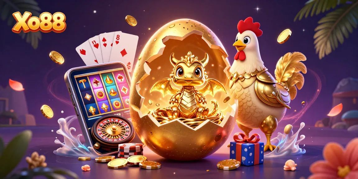 Xo88 showcases a thrilling scene with a golden dragon, poker chips, and dynamic casino elements