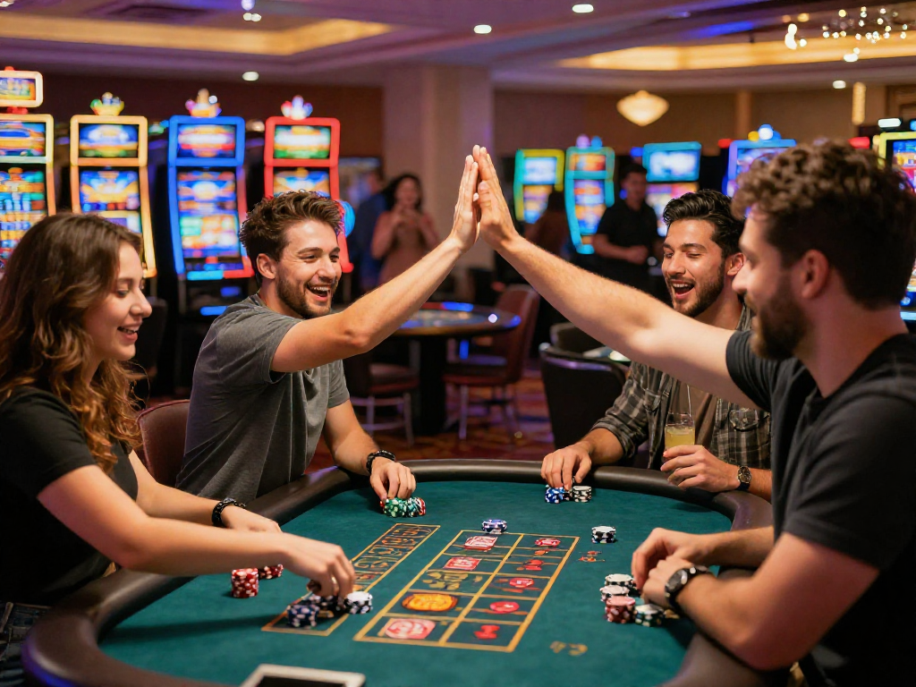 Giocatori al tavolo di un casino non AAMS, emozione e vincite nel clima vivace