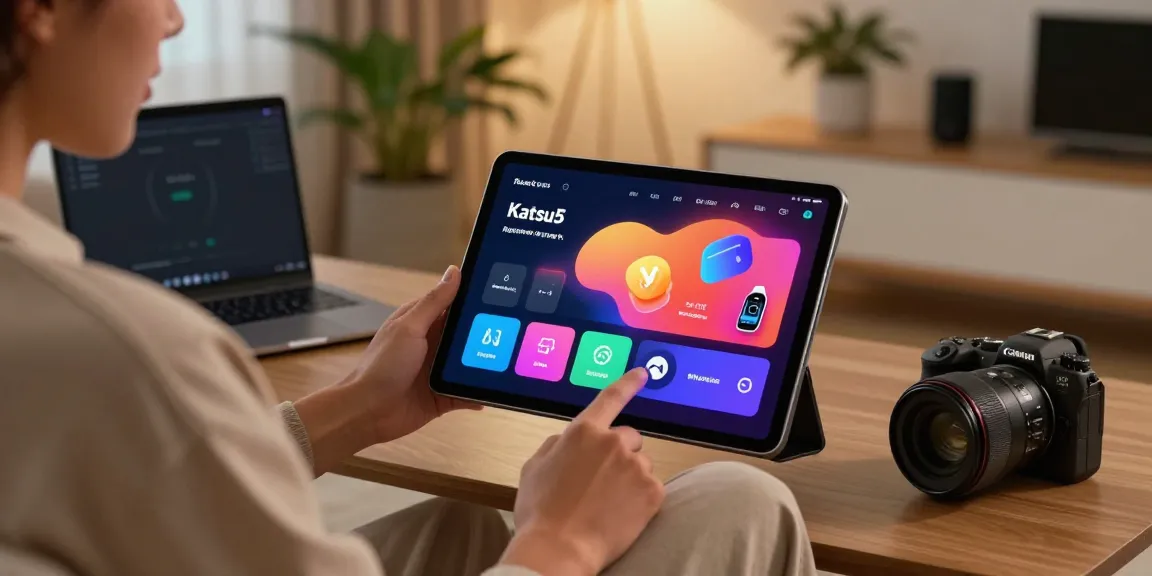 Pengguna Katsu5 digital menikmati fitur interaktif di tablet dalam suasana nyaman.