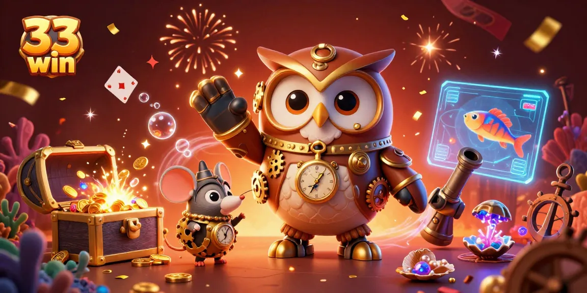 Immerse in the vibrant 33 win casino scene where steampunk owl guides treasure hunters through dynamic games.