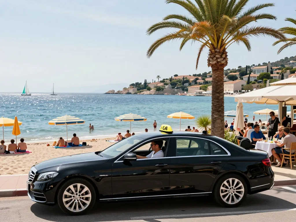 Taxi de luxe à Saint-Tropez garé près d'une plage animée avec des touristes.
