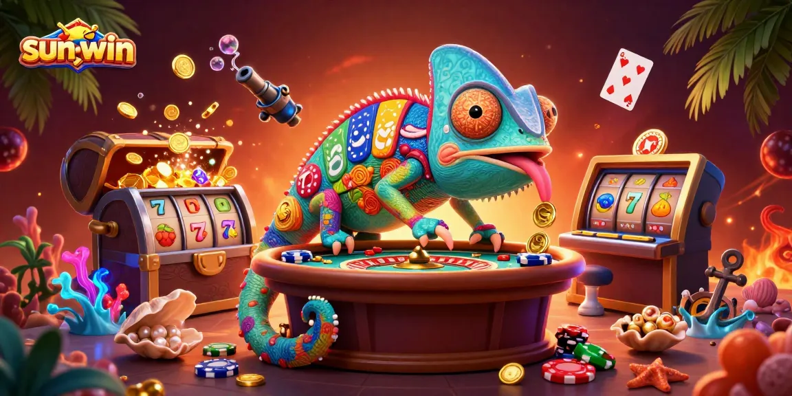 Experience winning thrills with sun-win's vibrant 3D chameleon casino illustration showcasing dynamic gameplay.