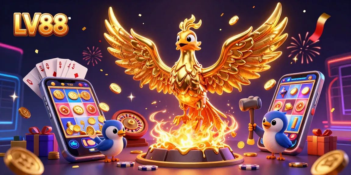 Experience excitement with LV88 as golden phoenix coins and slots come to life in a vibrant casino scene.