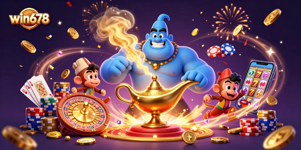Experience excitement with win678's vibrant 3D casino scene featuring a genie, poker chips, and golden coins.