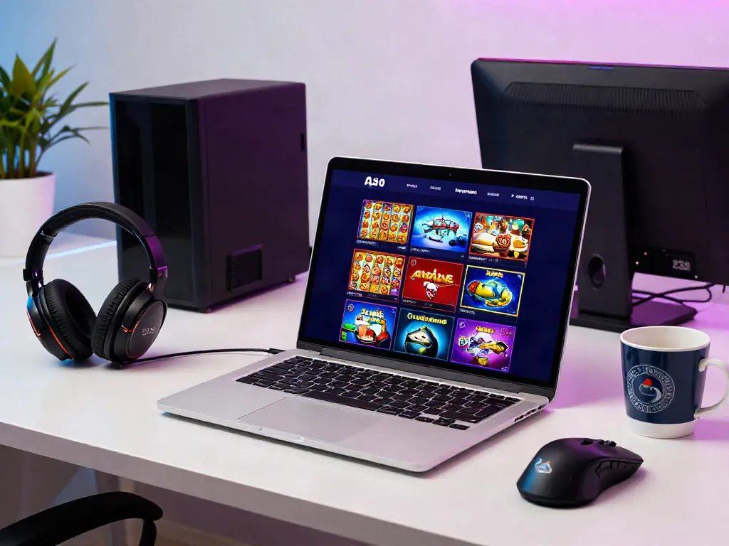 A80 casino online gaming platform with colorful game thumbnails, sleek laptop, and accessories creating an engaging atmosphere.