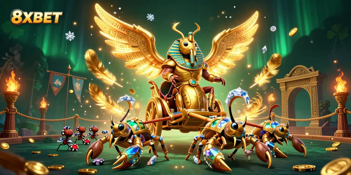 Experience the thrill of 8XBET with a dynamic casino scene featuring a golden scarab and poker chip soldiers.