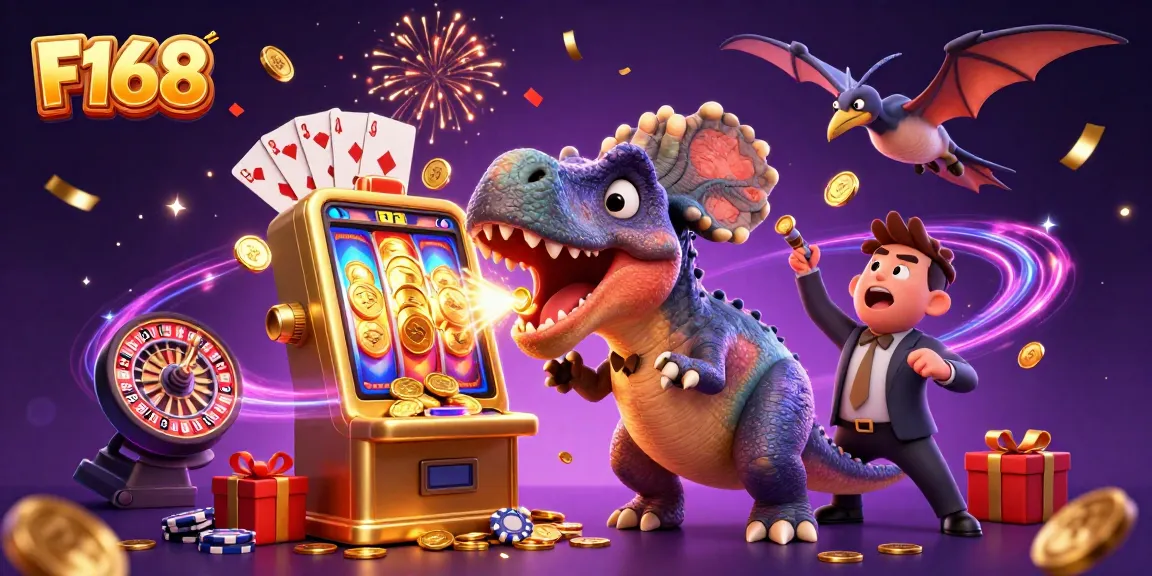F168 illustrates a pachycephalosaurus celebrating a jackpot at a vivid casino.