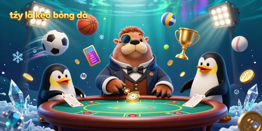 Engage with tỷ lệ kèo bóng đá at an underwater casino, featuring playful characters and dynamic sports elements.