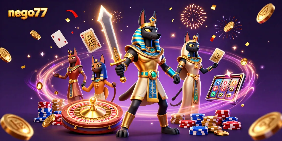 Bet on excitement with nego77, featuring Anubis warrior, gold coins, and spinning roulette wheel.