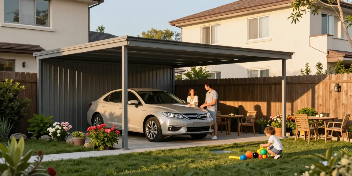 Modernes Carport in einem ruhigen Garten mit spielendem Kind und blühenden Pflanzen.