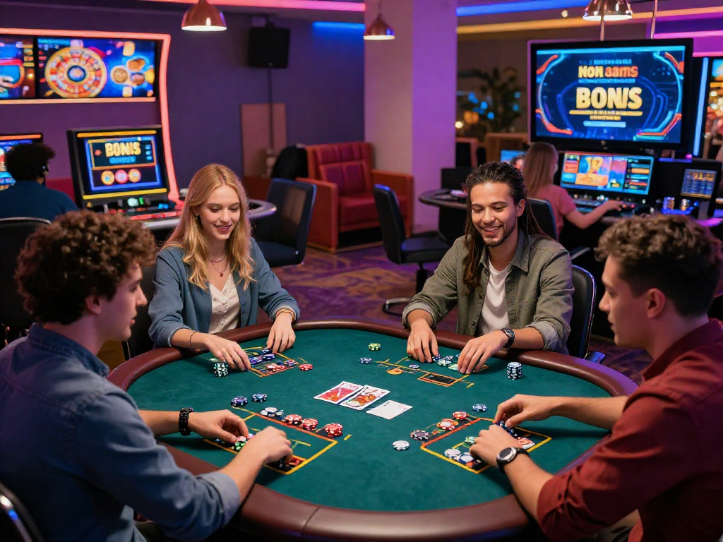 Giocatori entusiasti in un casinò online non aams, immersi in giochi come blackjack e slot, con luce ambientale colorata.