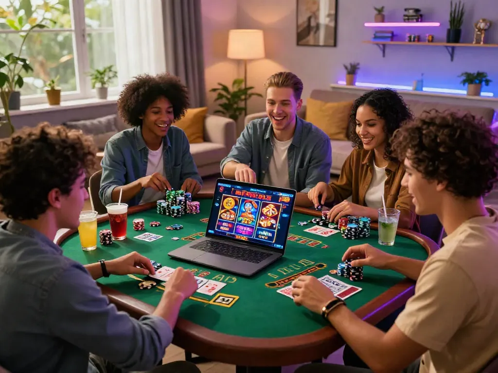Casino Gratuit scene with friends enjoying online slots and blackjack at home.