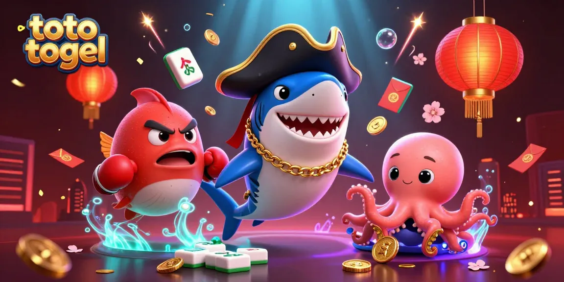 Engage with toto togel through a vibrant 3D illustration featuring a pirate shark, pufferfish, and octopus amidst casino-themed elements.