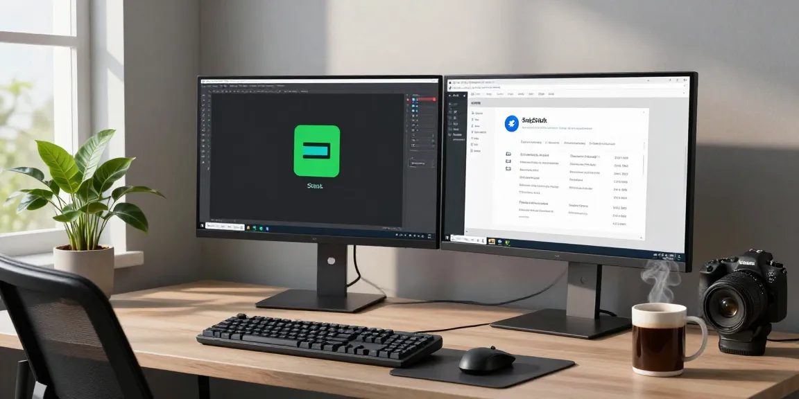 Developer using Snipaste screenshot tool in a modern workspace with dual monitors.