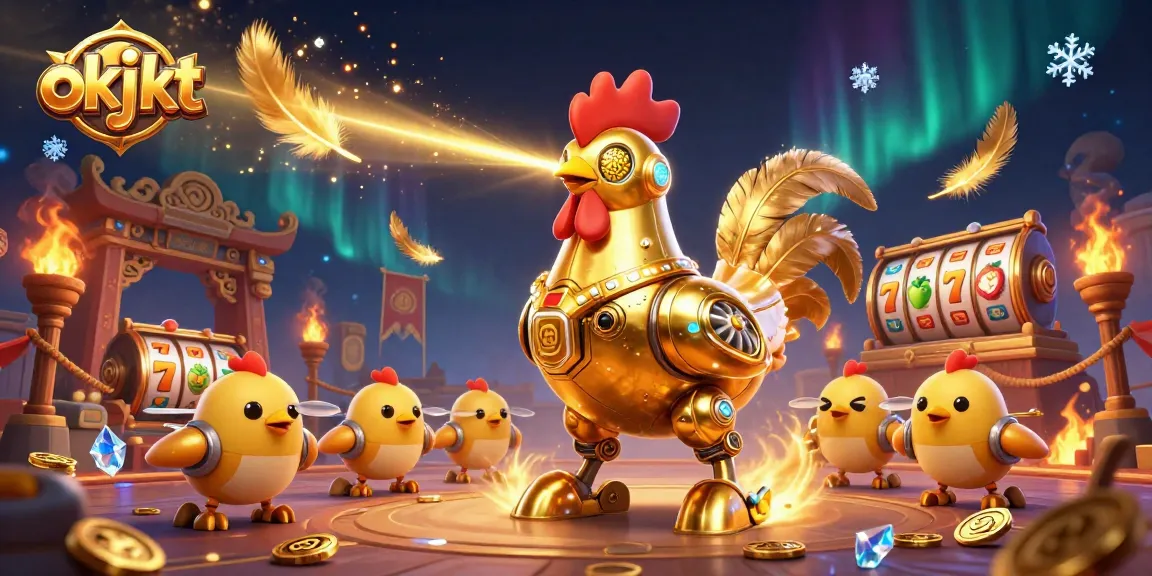 Bermain di dunia okjkt dengan robot ayam emas futuristik dan drone ayam kecil di arena pertarungan.