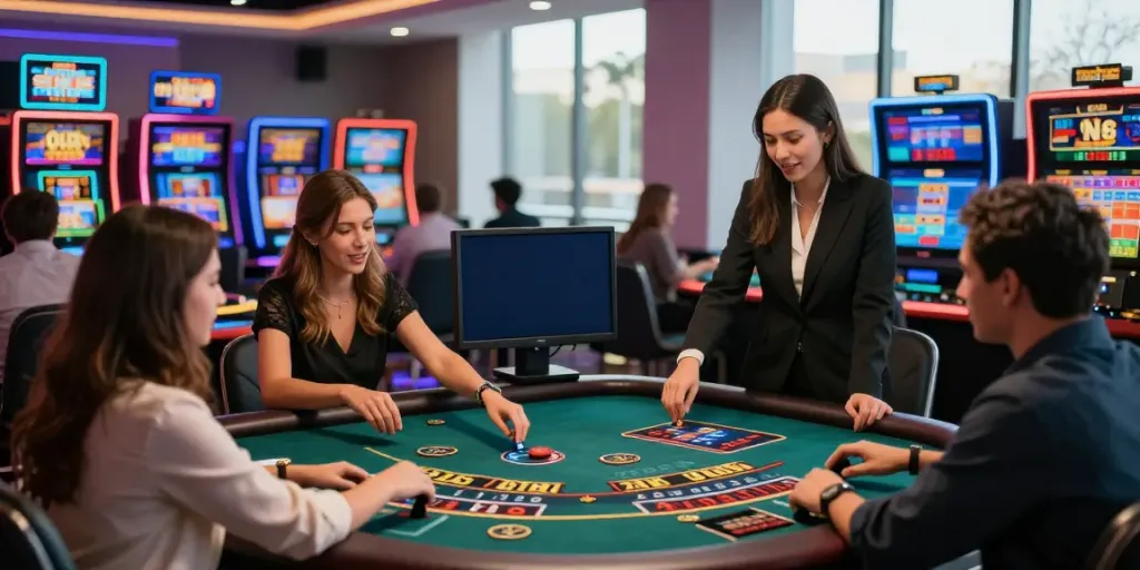 Engaging gaming experience at https://man88pro.com/ showcasing live dealers and players in a vibrant online casino.