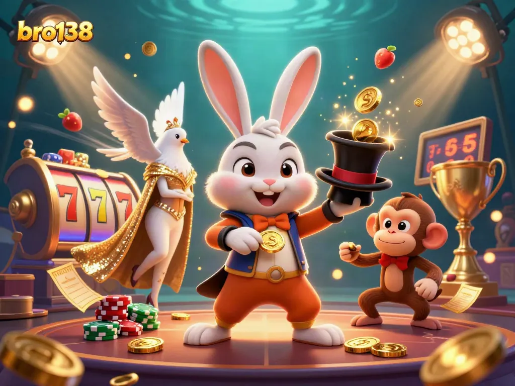 Experience the thrill of winning at bro138 with a magical scene featuring a magician rabbit, coins, and casino elements.