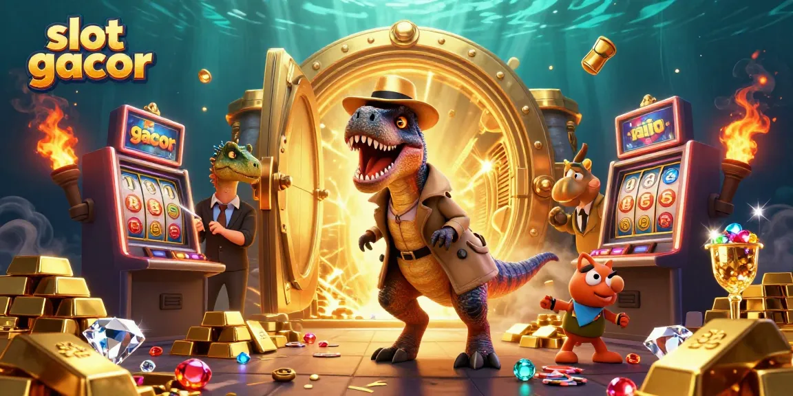 Engage with 'slot gacor' as a velociraptor senses the jackpot at a spinning slot machine.