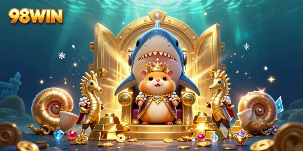 Join the golden hamster king on his megalodon throne at 98WIN's treasure-filled underwater kingdom.