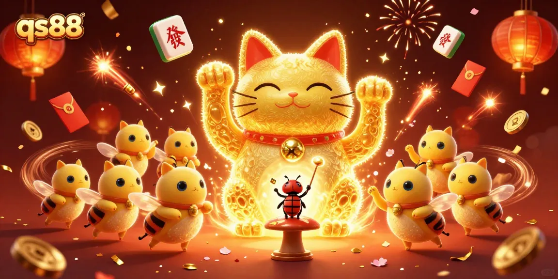 Experience the excitement of qs88 with a golden lucky cat and dynamic casino elements