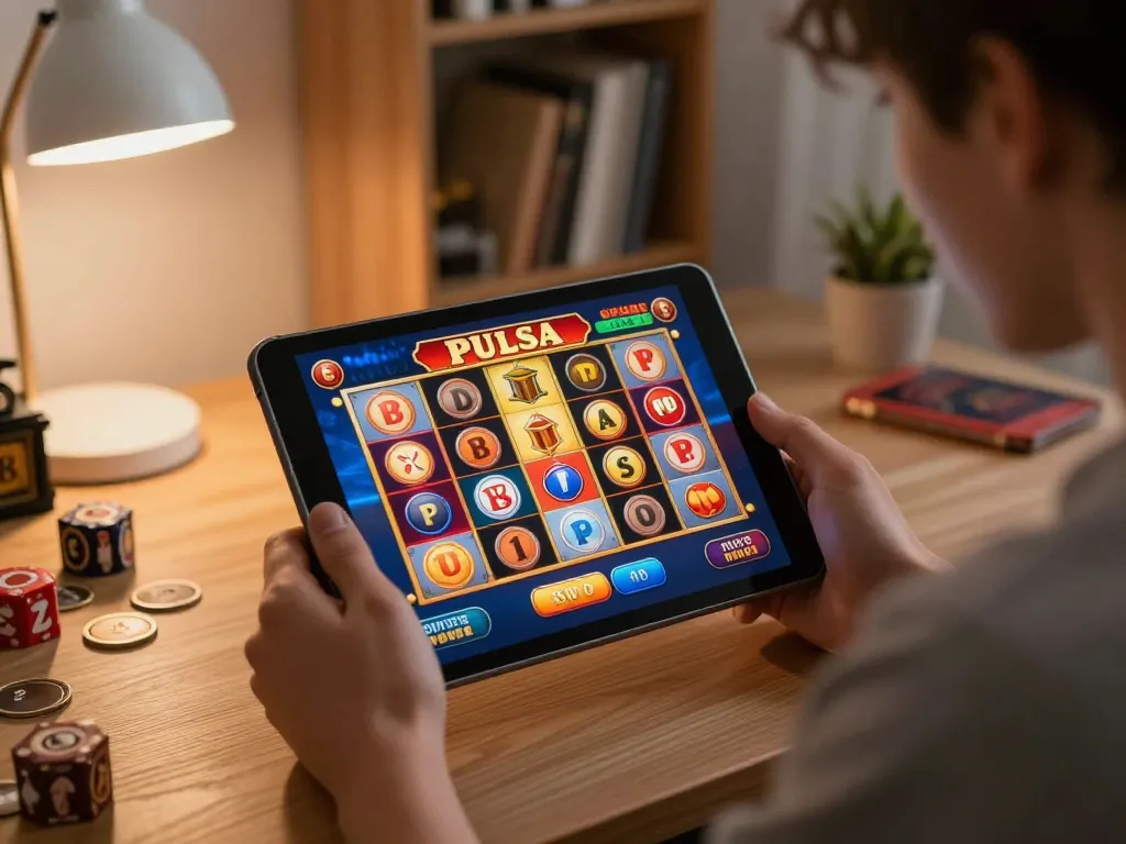 Person immersed in slot pulsa game on tablet, demonstrating online gambling excitement in a cozy office.