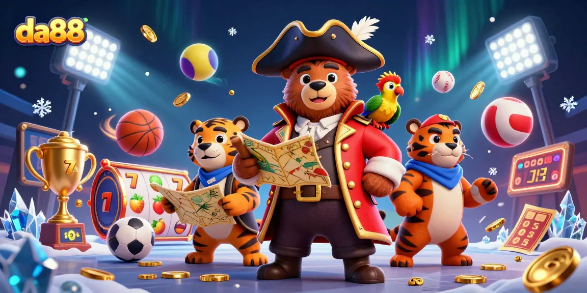 Experience thrilling wins with da88 in a vibrant illustration featuring a pirate and tiger in a casino setting.