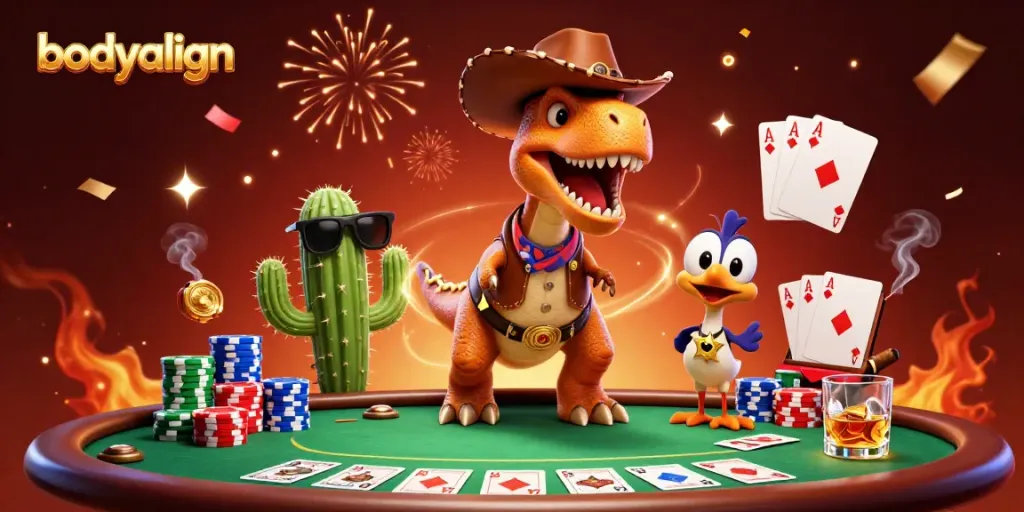 Tingkatkan permainan bodyalign Anda dengan T-Rex, karakter kartun dalam kasino, poker, dan suasana ceria.