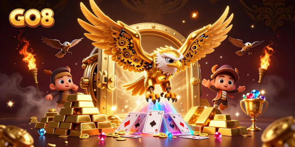 Engage in thrilling gameplay at GO8 with a vibrant scene of winning symbols and treasures.