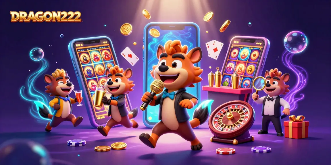 Spin and win with DRAGON222 in this vibrant casino scene featuring dynamic hyena characters.