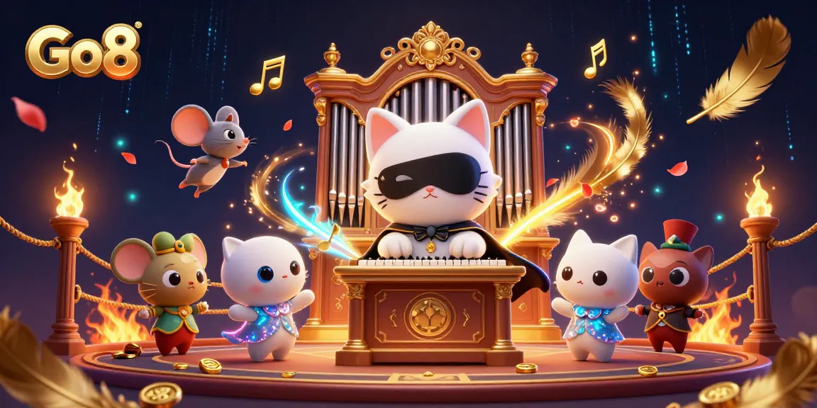 Engage in thrilling gaming with Go8, featuring a phantom cat and a mouse acrobat in a vibrant casino.