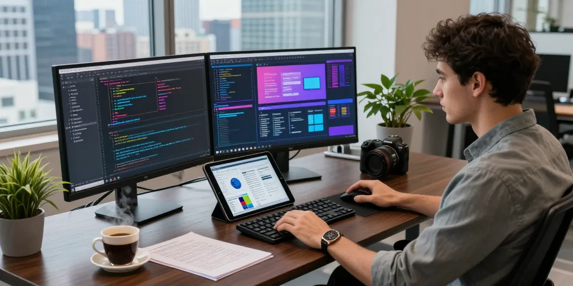 Professional software developer working at a modern desk, showcasing WPS Official Website productivity tools in a vibrant office.