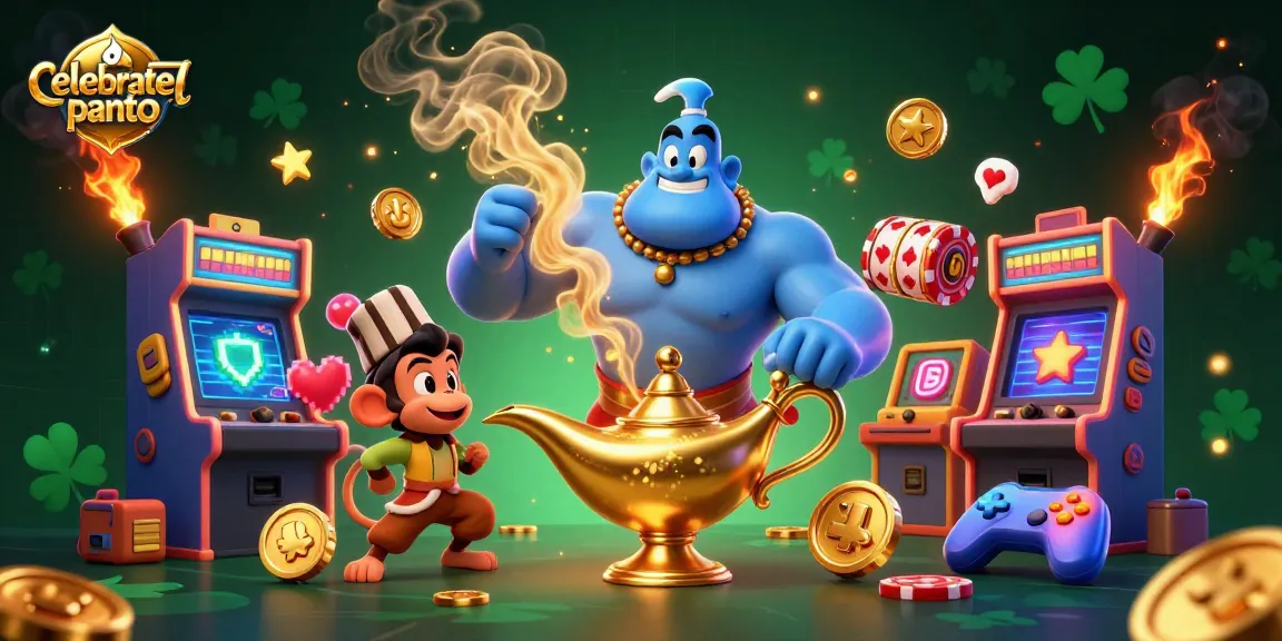 Experience exciting gameplay at celebratepanto with a magical casino scene featuring a genie and slot elements.