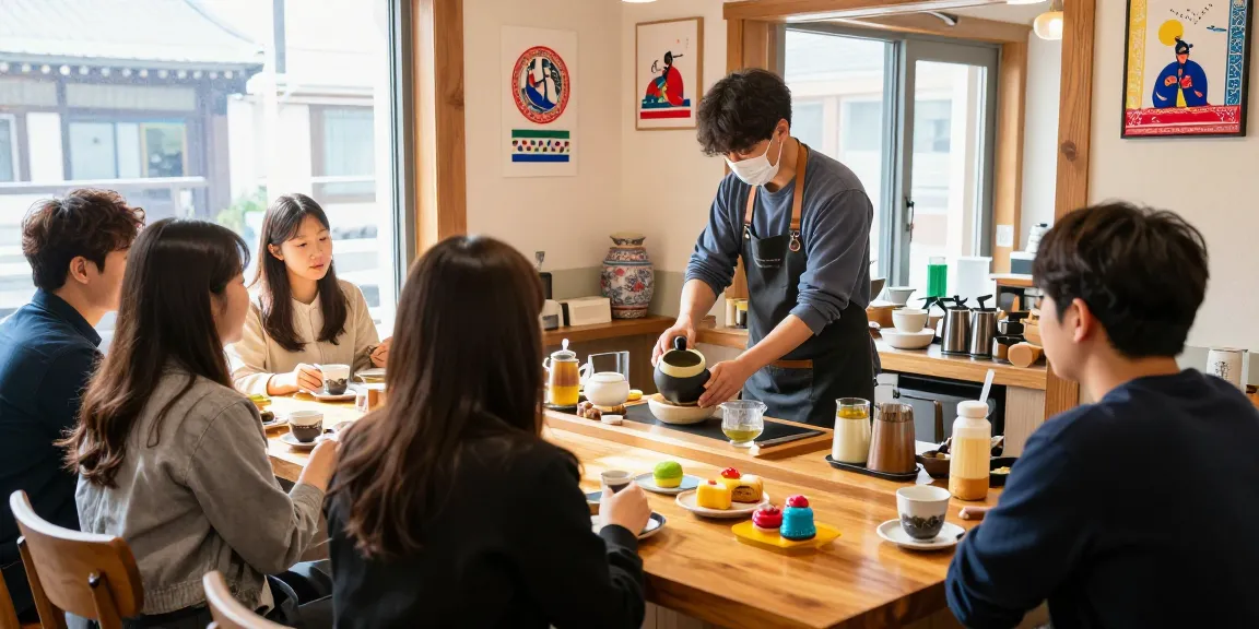 Cozy cafe atmosphere highlighting 상봉동 한국관 with friends enjoying traditional Korean tea and pastries.