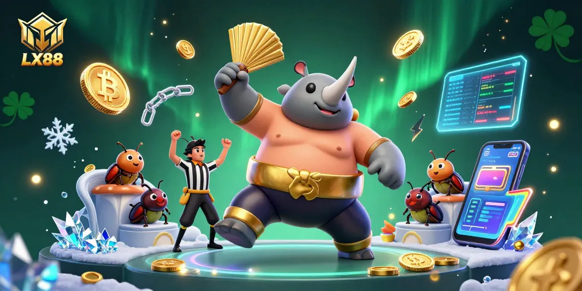 Experience betting excitement with LX88, featuring a vibrant sumo beetle stomp showering gold coins.