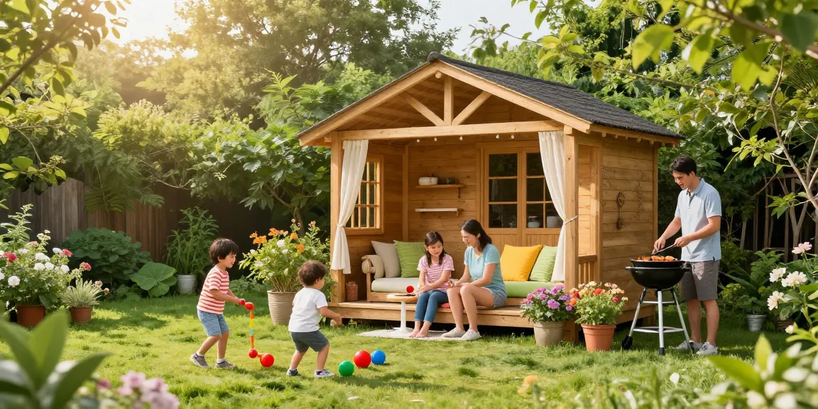 Ein wunderschönes Gartenhaus umgeben von üppigem Grün, Familienzeit im Garten genießen.