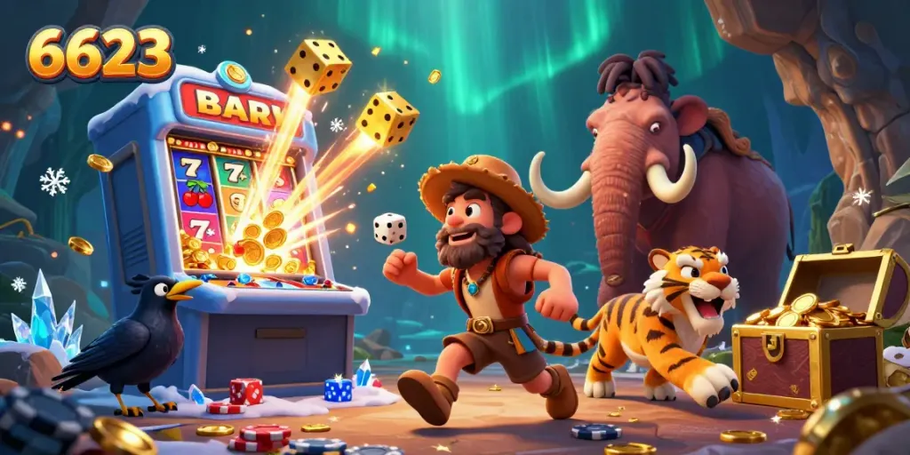 Experience the thrill of 6623 with a vibrant prehistoric casino featuring cavemen, tigers, and jackpot excitement.